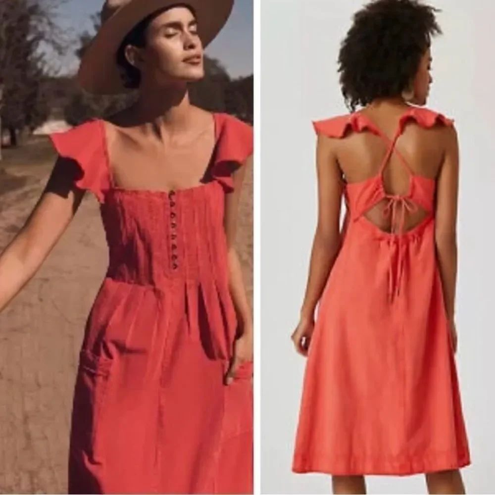 Anthropologie Pilcro Orange Flutter Sleeve Midi Dress Sz-S